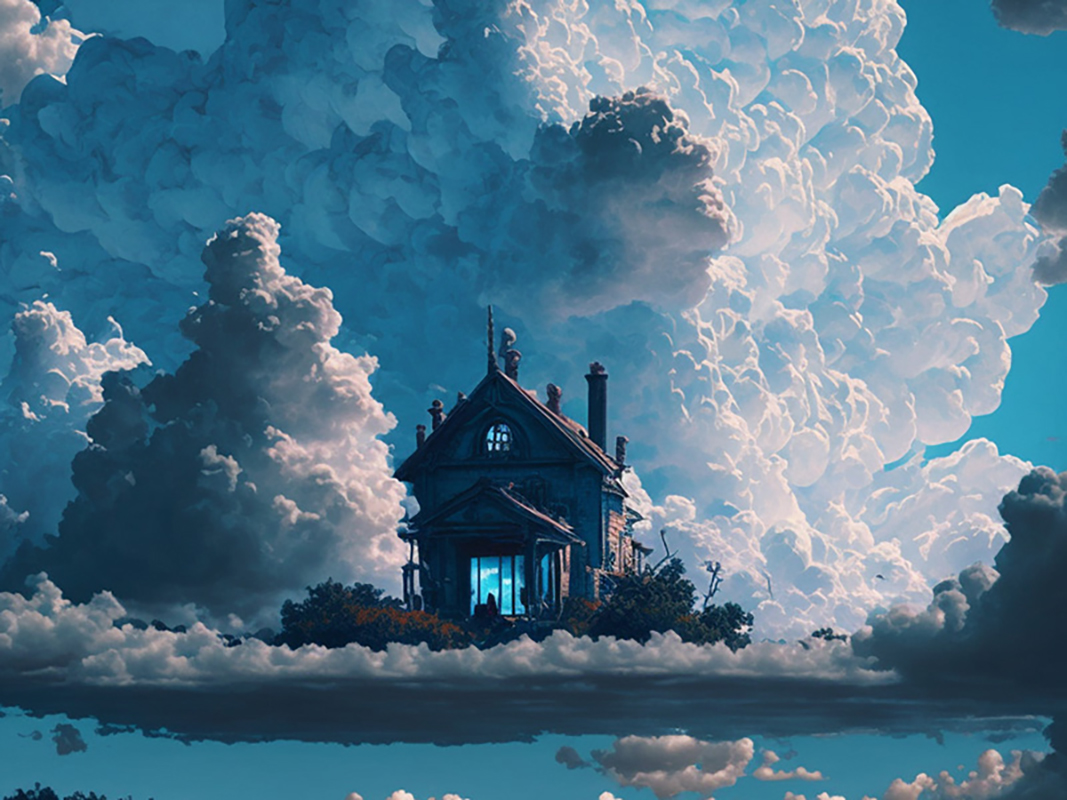 house floating in blue sky. generated by MidJourney