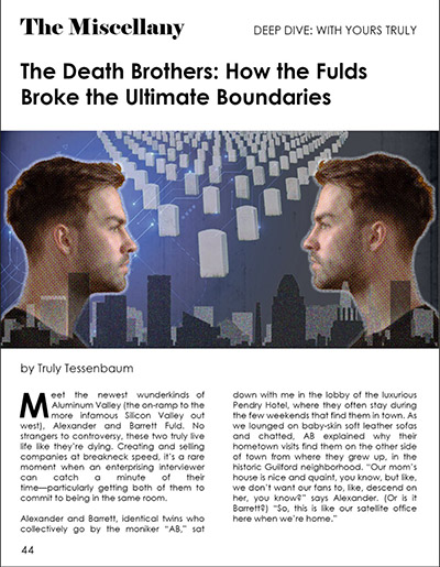 magazine article cover featuring Fuld brothers facing each other over spooky background